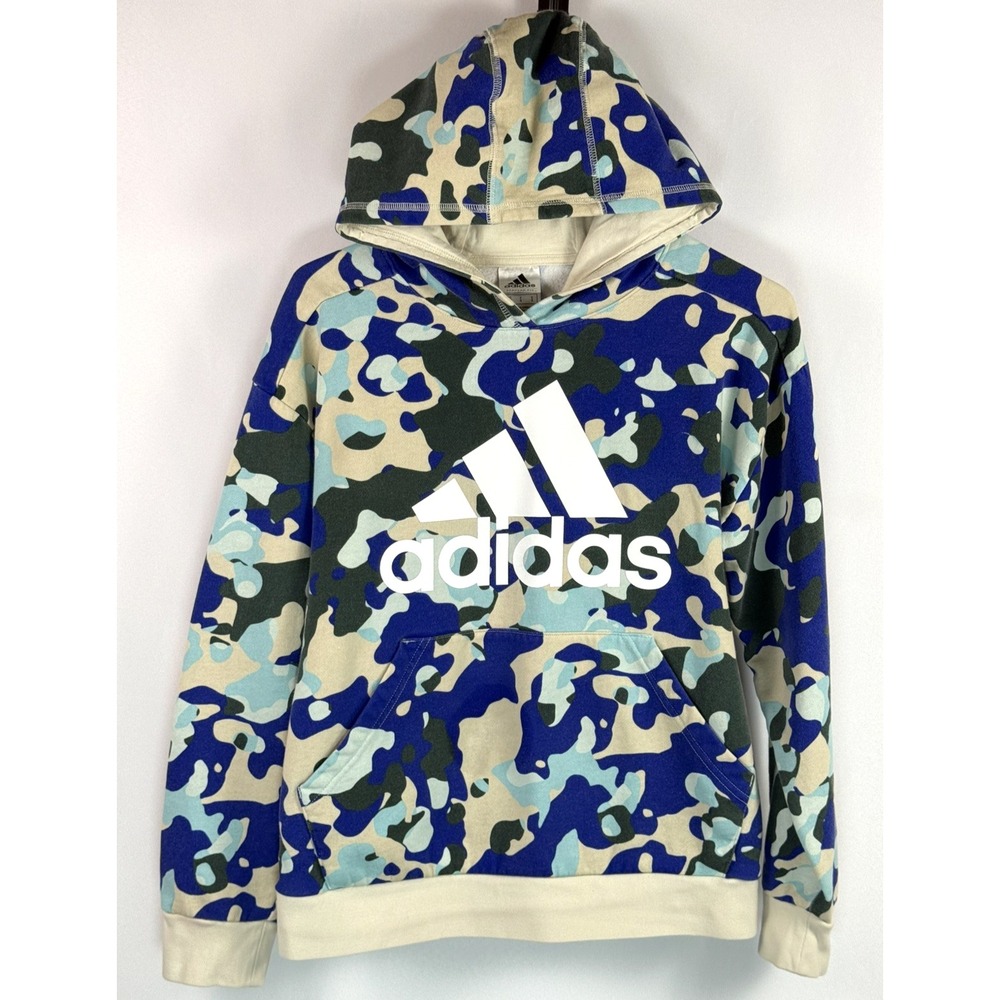 Adidas Boy's Youth Large 14/16 Blue Camo All Over Print Hooded Pullover